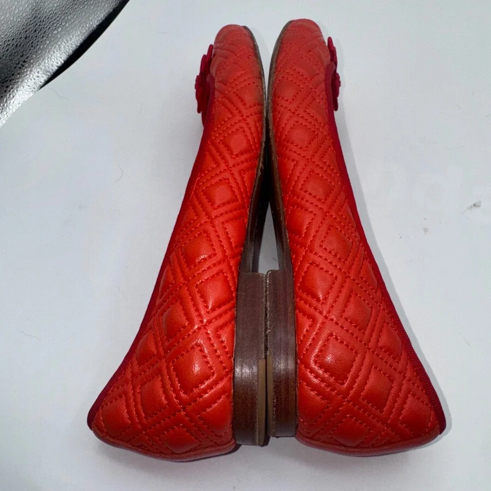 Tory Burch Marion Quilted Leather Ballet Flats Samba Red Bow Logo 7M Dress Shoes
